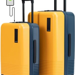 MOKOBARA Iconic Range The Set of 2 Luggage 58cms + 69cms | Cabin & Medium Size German Makrolon Polycarbonate Hard Sided Suitcase Trolley with 8 Hinomoto Wheels – Beach Sunrise (Yellow & Blue)